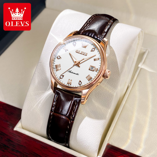For OLEVS 9932 Classic Mechanical Waterproof Women's Watch Genuine Leather Strap Sport Business Style Automatic Luminous Water