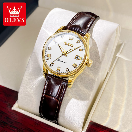For OLEVS 9932 Classic Mechanical Waterproof Women's Watch Genuine Leather Strap Sport Business Style Automatic Luminous Water