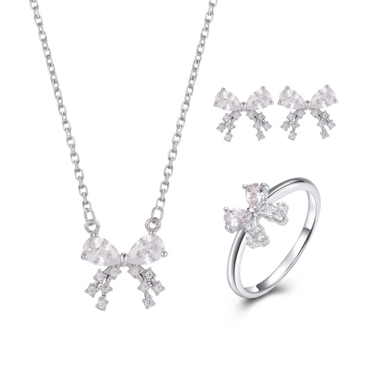 Kaanjewelry Customize 925 Sterling Silver Women's Zircon Jewelry Set Elegant Butterfly Bow Heart Necklace Earring Ring Gift Set