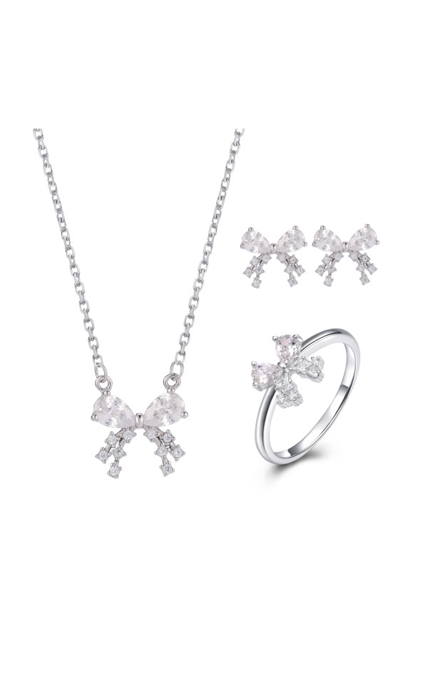 Kaanjewelry Customize 925 Sterling Silver Women's Zircon Jewelry Set Elegant Butterfly Bow Heart Necklace Earring Ring Gift Set