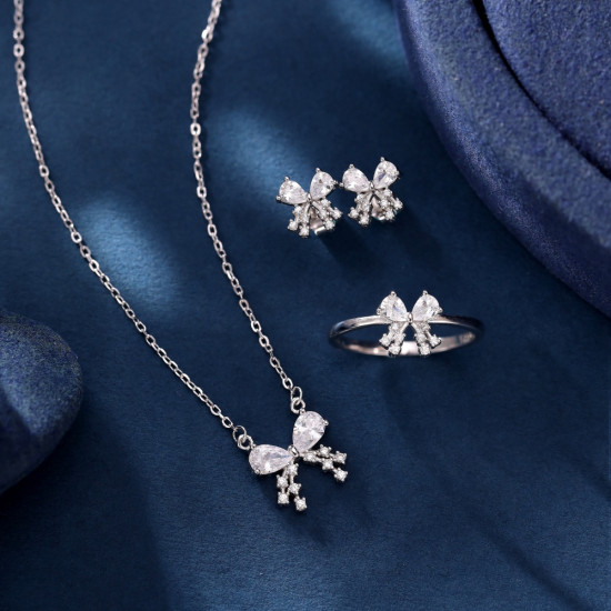 Kaanjewelry Customize 925 Sterling Silver Women's Zircon Jewelry Set Elegant Butterfly Bow Heart Necklace Earring Ring Gift Set