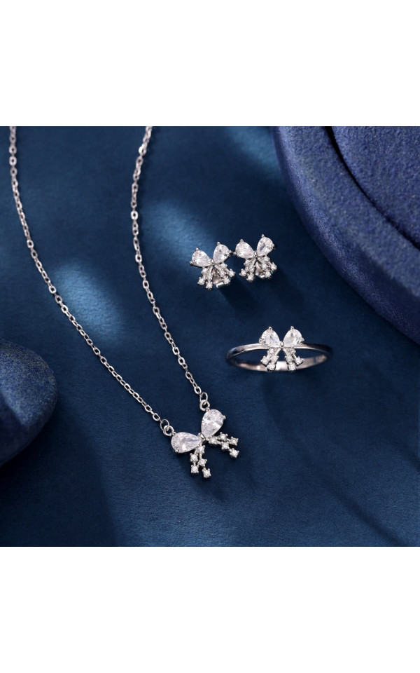 Kaanjewelry Customize 925 Sterling Silver Women's Zircon Jewelry Set Elegant Butterfly Bow Heart Necklace Earring Ring Gift Set