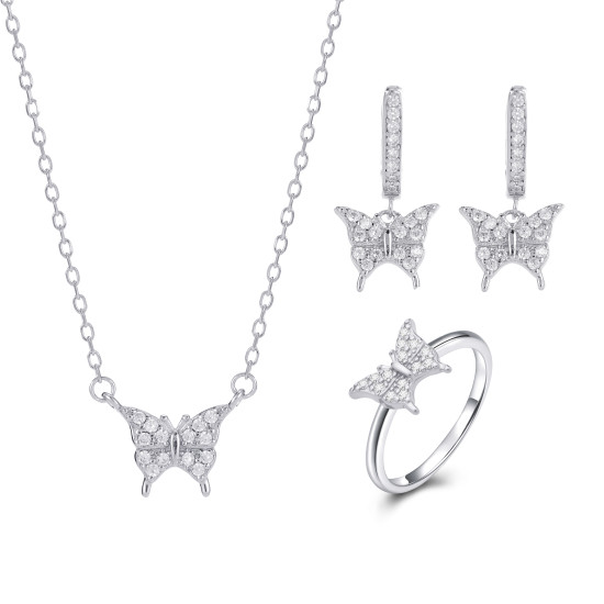 Kaanjewelry Customize 925 Sterling Silver Women's Zircon Jewelry Set Elegant Butterfly Bow Heart Necklace Earring Ring Gift Set