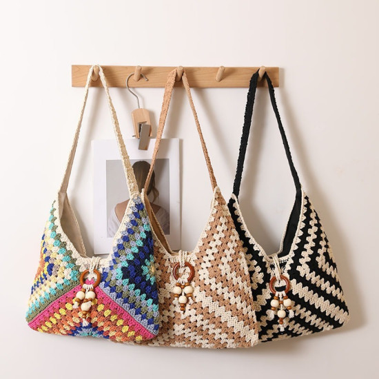 Best Selling Ethnic Retro Hand Knitted Crochet Colorful Geometric Pattern Storage Bag for Beach Vacation