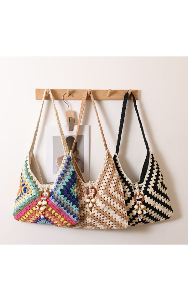 Best Selling Ethnic Retro Hand Knitted Crochet Colorful Geometric Pattern Storage Bag for Beach Vacation