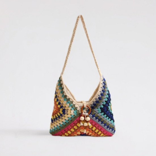 Best Selling Ethnic Retro Hand Knitted Crochet Colorful Geometric Pattern Storage Bag for Beach Vacation