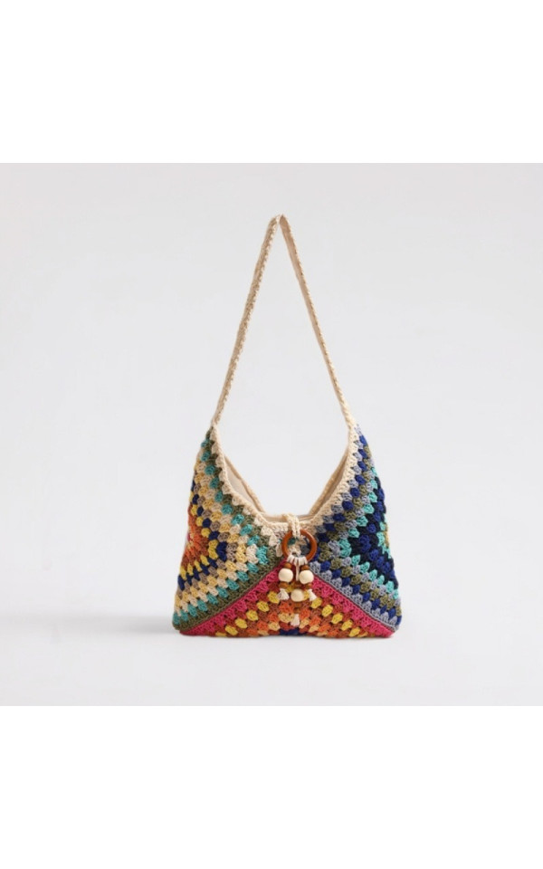 Best Selling Ethnic Retro Hand Knitted Crochet Colorful Geometric Pattern Storage Bag for Beach Vacation