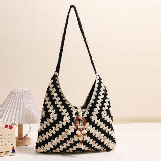 Best Selling Ethnic Retro Hand Knitted Crochet Colorful Geometric Pattern Storage Bag for Beach Vacation