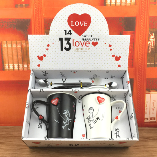 Milk Mugs Cartoon Loving Couple Ceramic Cup HANDGRIP Support Ethiopian Coffee Cup Modern Black and White Drinking 14*8CM 30pcs