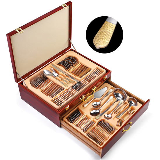 Luxury Stainless Steel 72pcs 84pcs Cutlery Set Sliverware Flatware Serving Set Wooden Box Flatware Set for Wedding Gifts