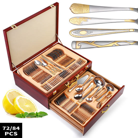 Luxury Stainless Steel 72pcs 84pcs Cutlery Set Sliverware Flatware Serving Set Wooden Box Flatware Set for Wedding Gifts