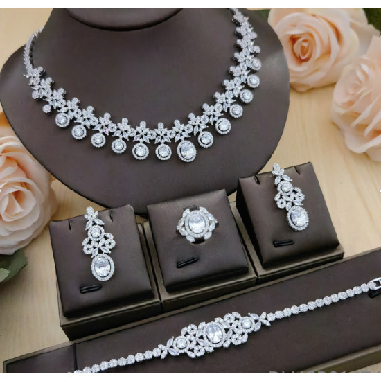 Fashion Vintage Gold Plated Silver Women's Necklace Set for Wedding Bridal Party with Cubic Zirconia Jewelry