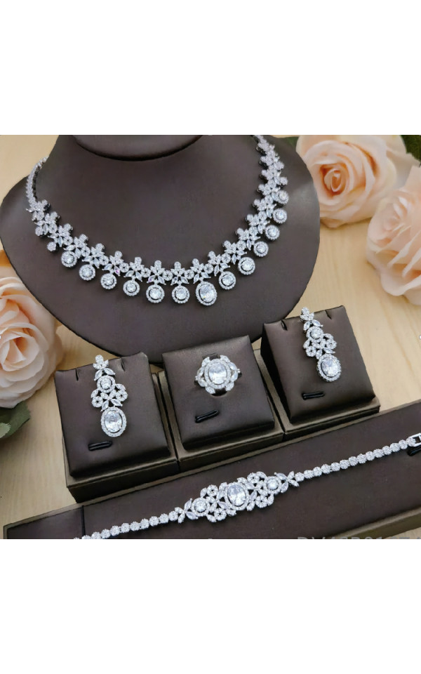 Fashion Vintage Gold Plated Silver Women's Necklace Set for Wedding Bridal Party with Cubic Zirconia Jewelry