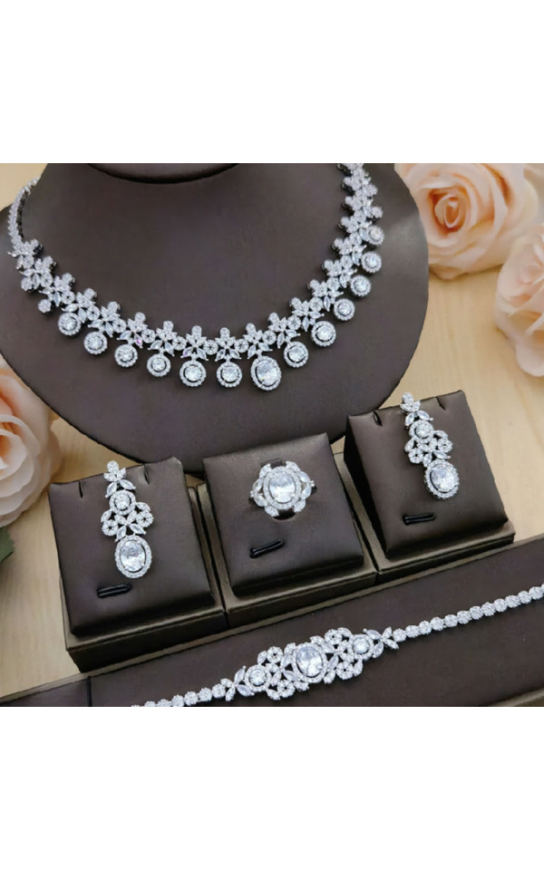 Fashion Vintage Gold Plated Silver Women's Necklace Set for Wedding Bridal Party with Cubic Zirconia Jewelry