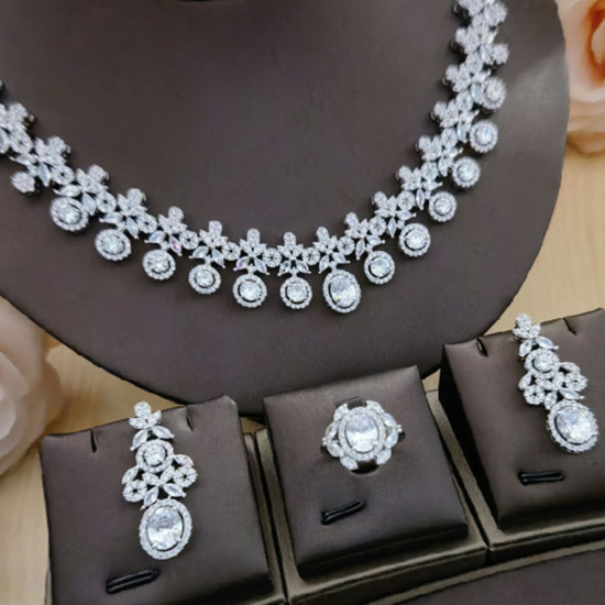 Fashion Vintage Gold Plated Silver Women's Necklace Set for Wedding Bridal Party with Cubic Zirconia Jewelry