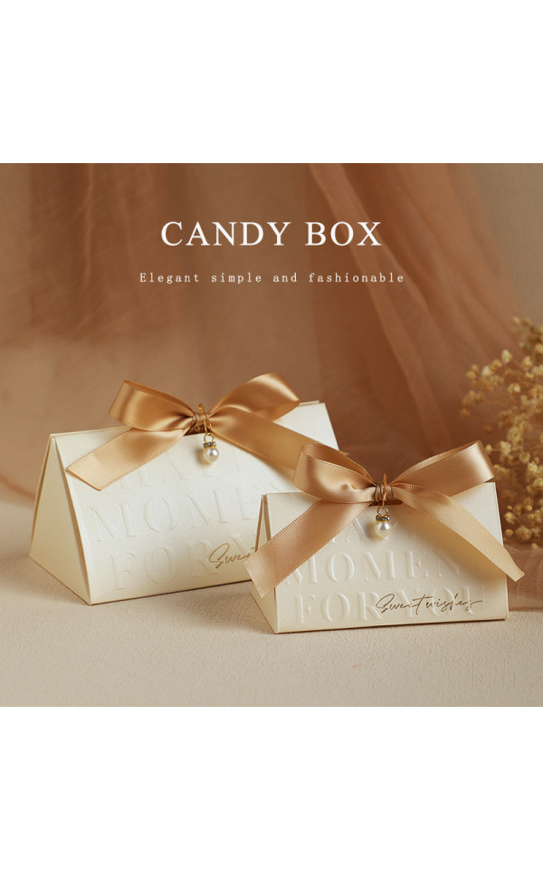 Champagne Gold Bow Triangle Wedding Candy Box Beige Wedding Gift Boxes Chocolate Treat Gift Wedding Candy Gift Box for Guest