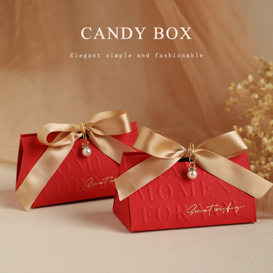 Champagne Gold Bow Triangle Wedding Candy Box Beige Wedding Gift Boxes Chocolate Treat Gift Wedding Candy Gift Box for Guest
